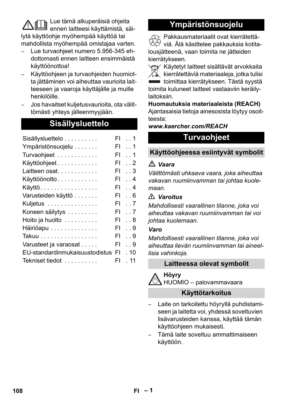 Suomi, Sisällysluettelo, Ympäristönsuojelu turvaohjeet | Karcher DE 4002 EU User Manual | Page 108 / 254