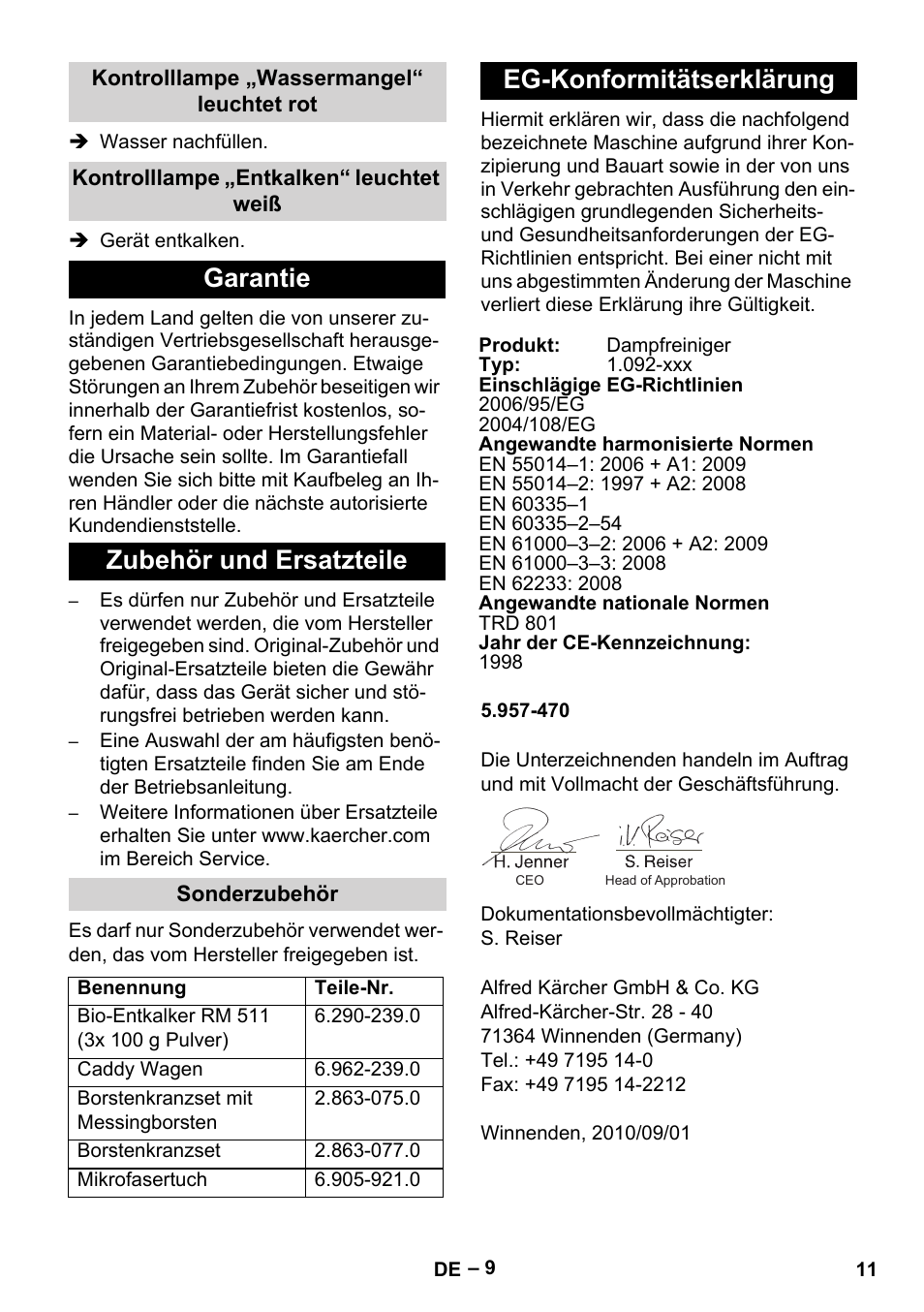 Garantie zubehör und ersatzteile, Eg-konformitätserklärung | Karcher DE 4002 EU User Manual | Page 11 / 254