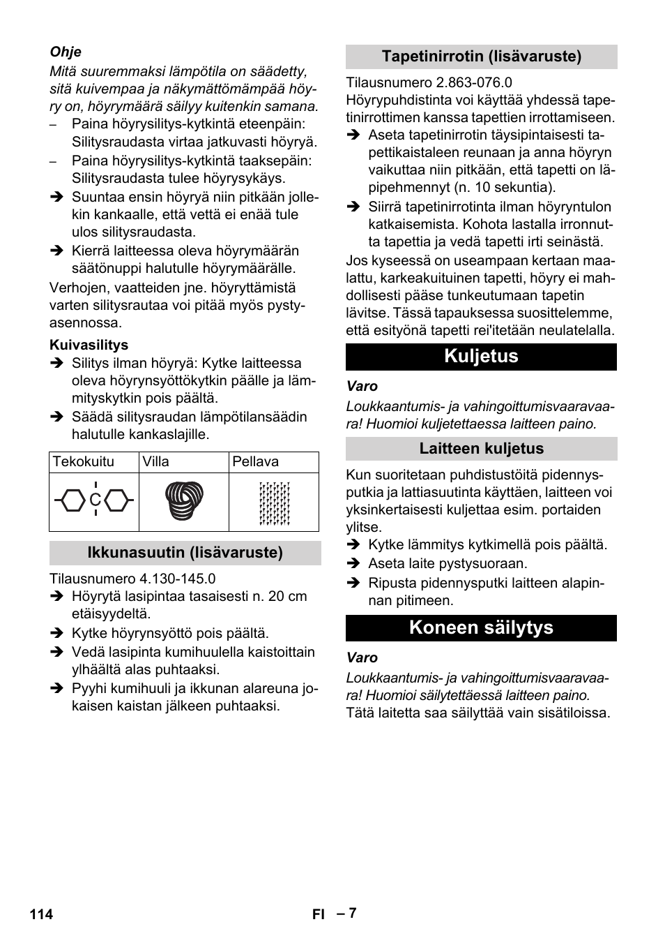 Kuljetus, Koneen säilytys | Karcher DE 4002 EU User Manual | Page 114 / 254