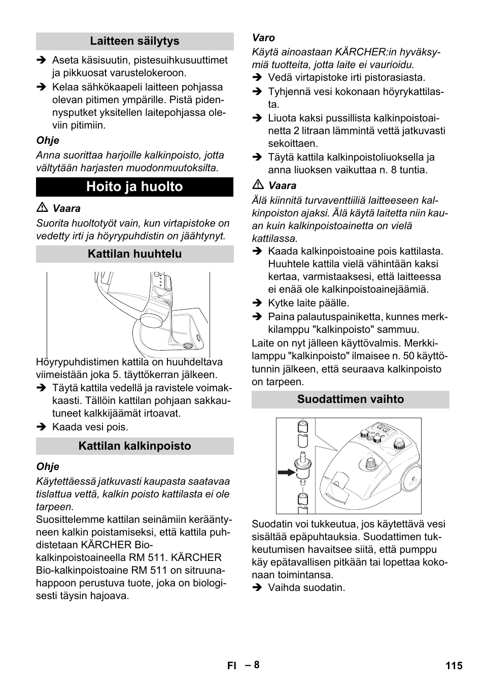 Hoito ja huolto | Karcher DE 4002 EU User Manual | Page 115 / 254