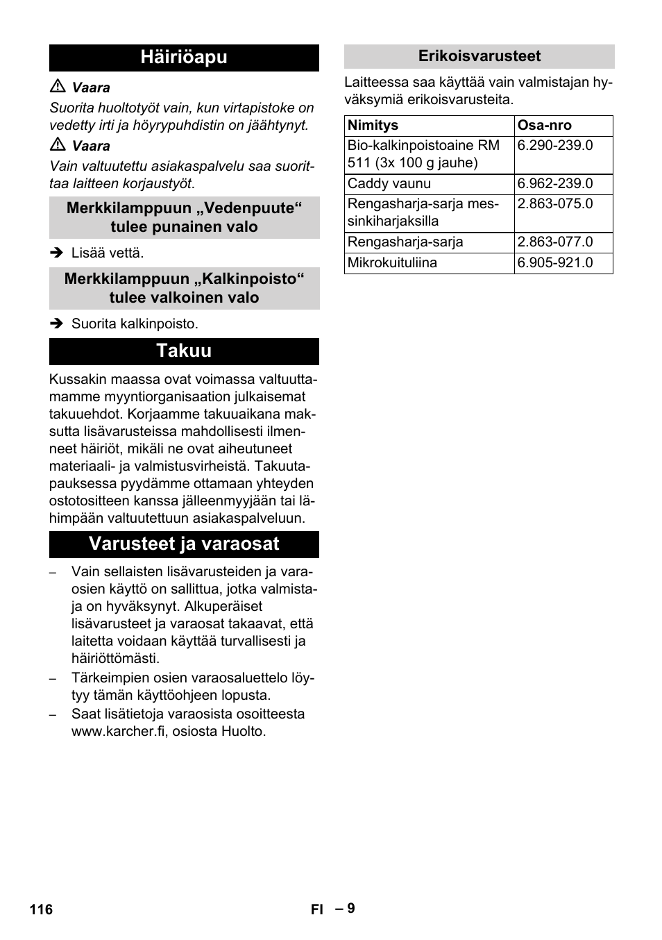 Häiriöapu, Takuu varusteet ja varaosat | Karcher DE 4002 EU User Manual | Page 116 / 254