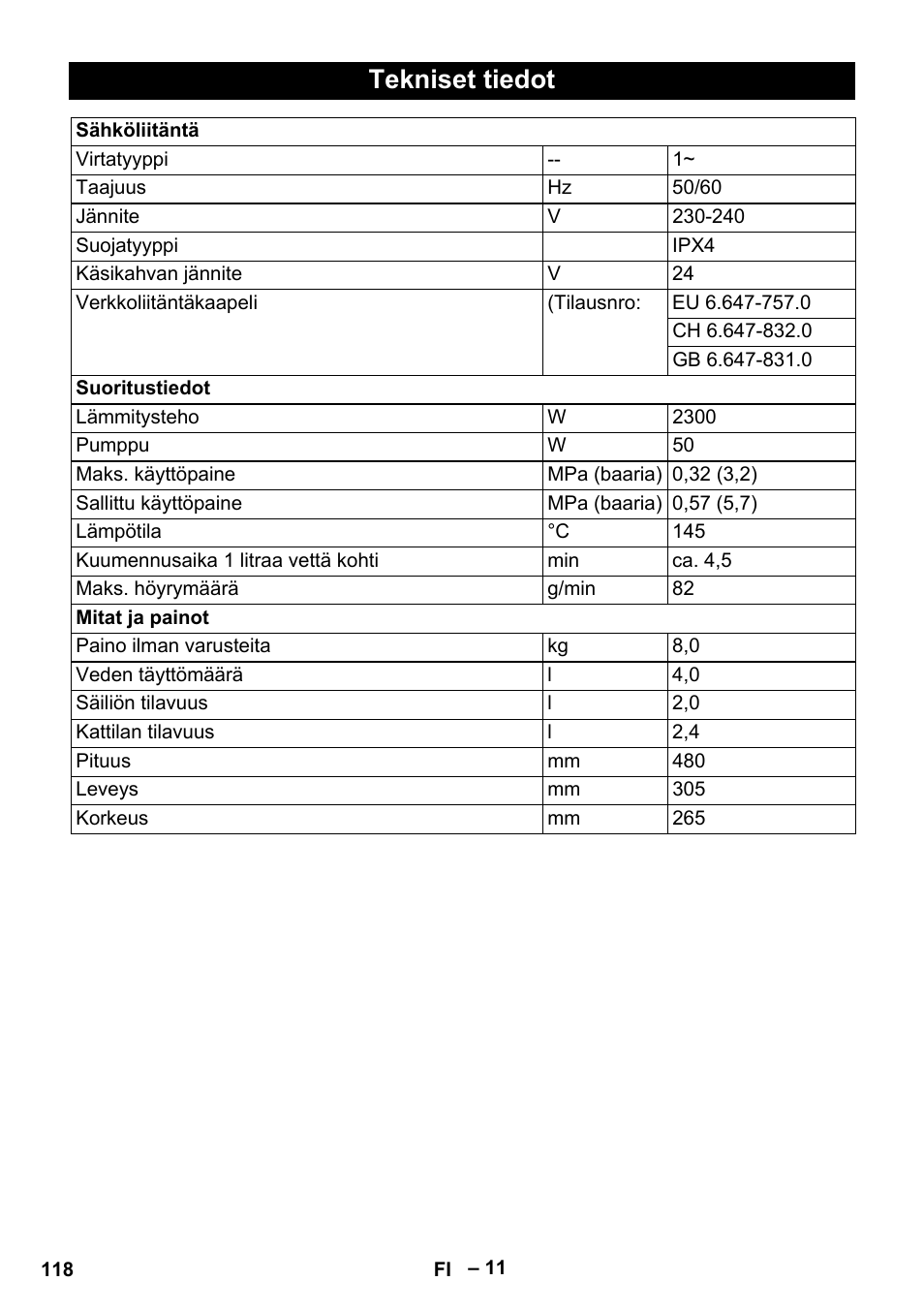 Tekniset tiedot | Karcher DE 4002 EU User Manual | Page 118 / 254