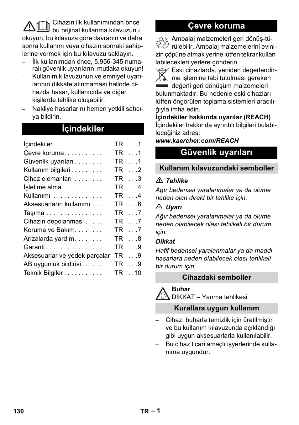 Türkçe, Içindekiler, Çevre koruma güvenlik uyarıları | Karcher DE 4002 EU User Manual | Page 130 / 254