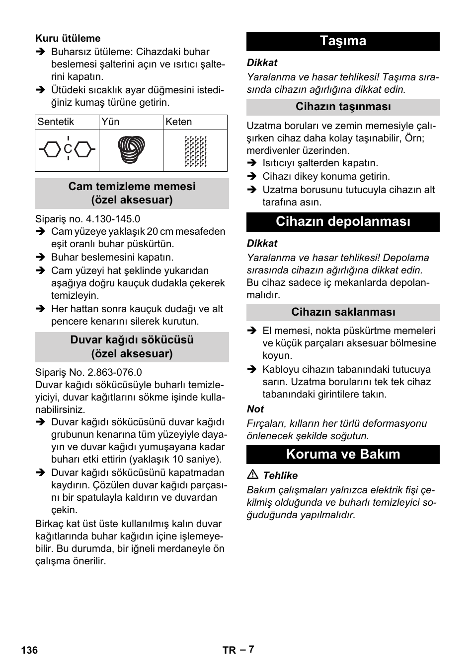 Taşıma, Cihazın depolanması, Koruma ve bakım | Karcher DE 4002 EU User Manual | Page 136 / 254