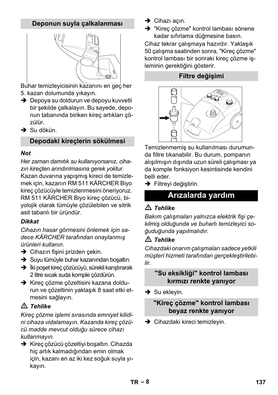 Arızalarda yardım | Karcher DE 4002 EU User Manual | Page 137 / 254
