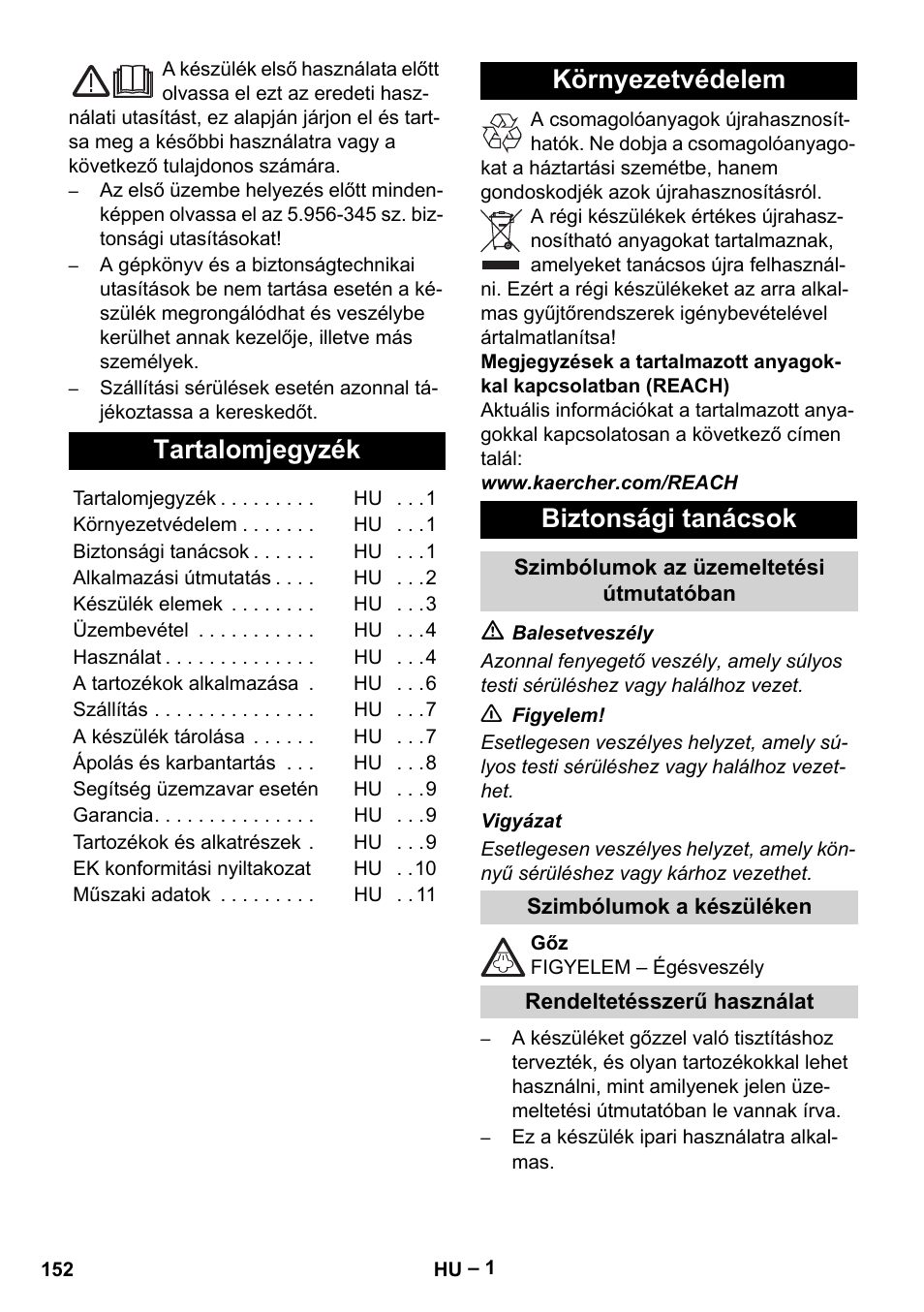 Magyar, Tartalomjegyzék, Környezetvédelem biztonsági tanácsok | Karcher DE 4002 EU User Manual | Page 152 / 254