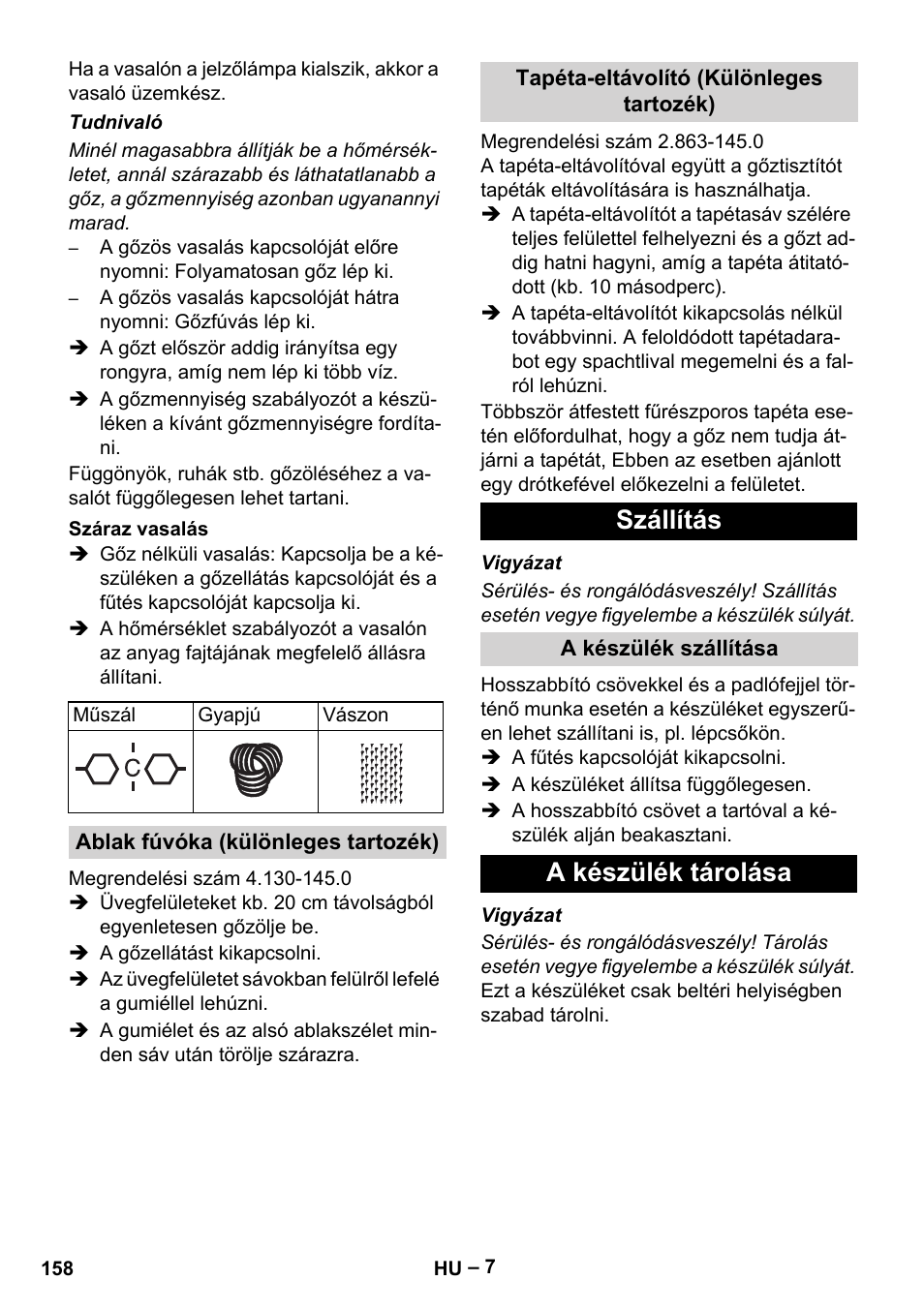 Szállítás, A készülék tárolása | Karcher DE 4002 EU User Manual | Page 158 / 254
