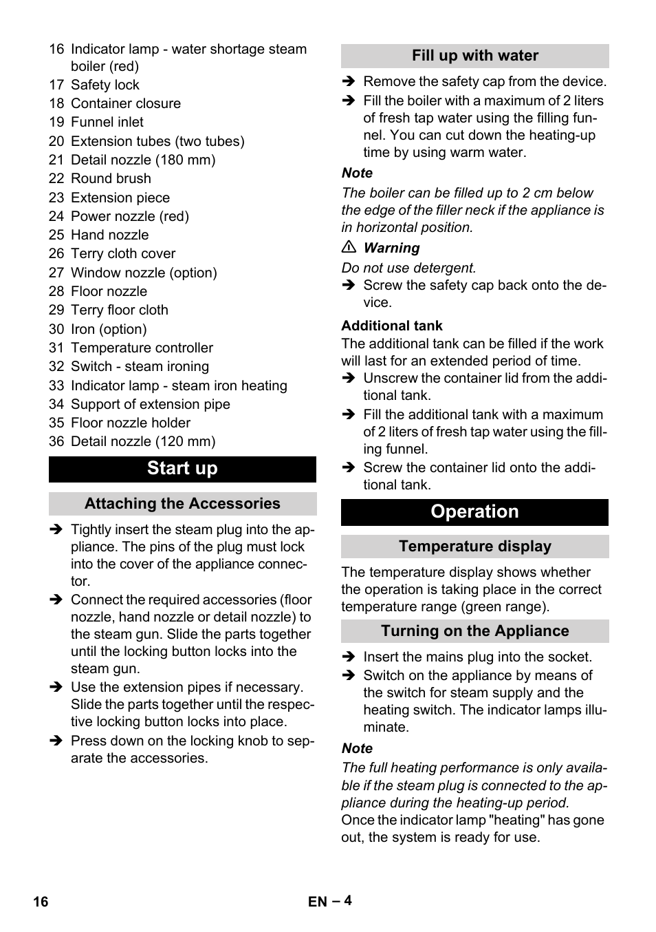 Start up, Operation | Karcher DE 4002 EU User Manual | Page 16 / 254