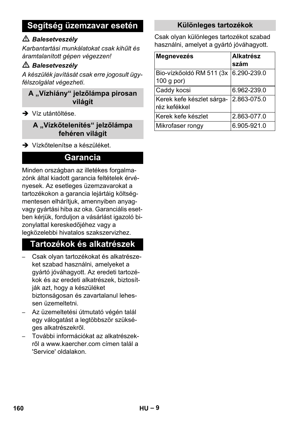 Segítség üzemzavar esetén, Garancia tartozékok és alkatrészek | Karcher DE 4002 EU User Manual | Page 160 / 254