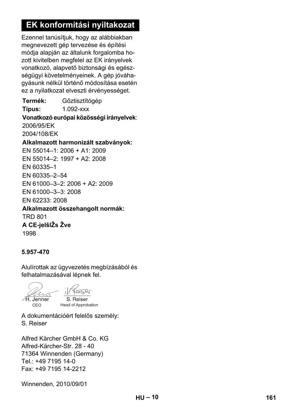 Ek konformitási nyiltakozat | Karcher DE 4002 EU User Manual | Page 161 / 254