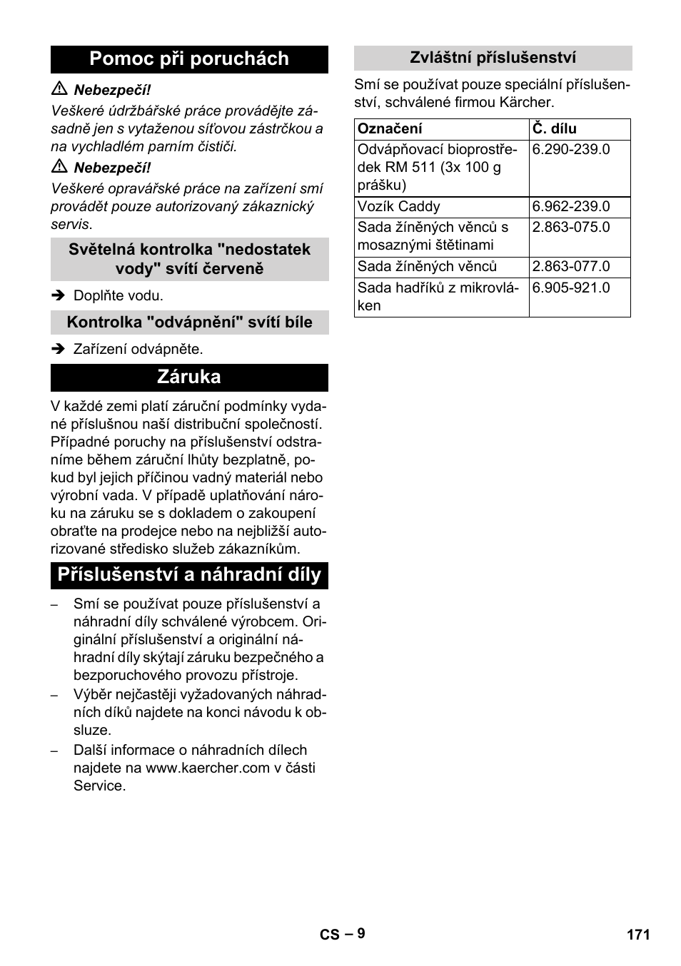 Pomoc při poruchách, Záruka příslušenství a náhradní díly | Karcher DE 4002 EU User Manual | Page 171 / 254