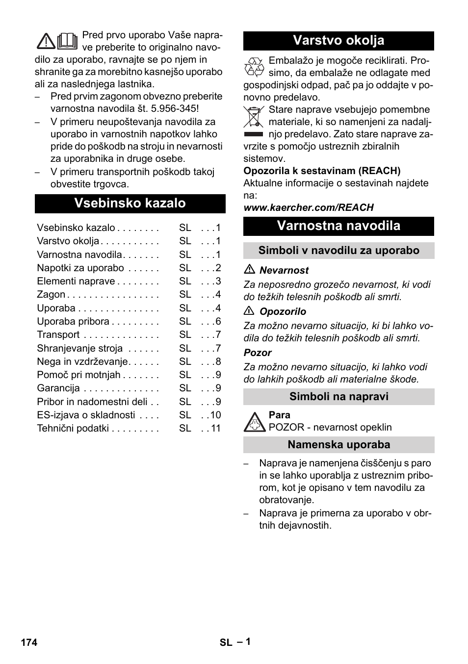 Slovenščina, Vsebinsko kazalo, Varstvo okolja varnostna navodila | Karcher DE 4002 EU User Manual | Page 174 / 254