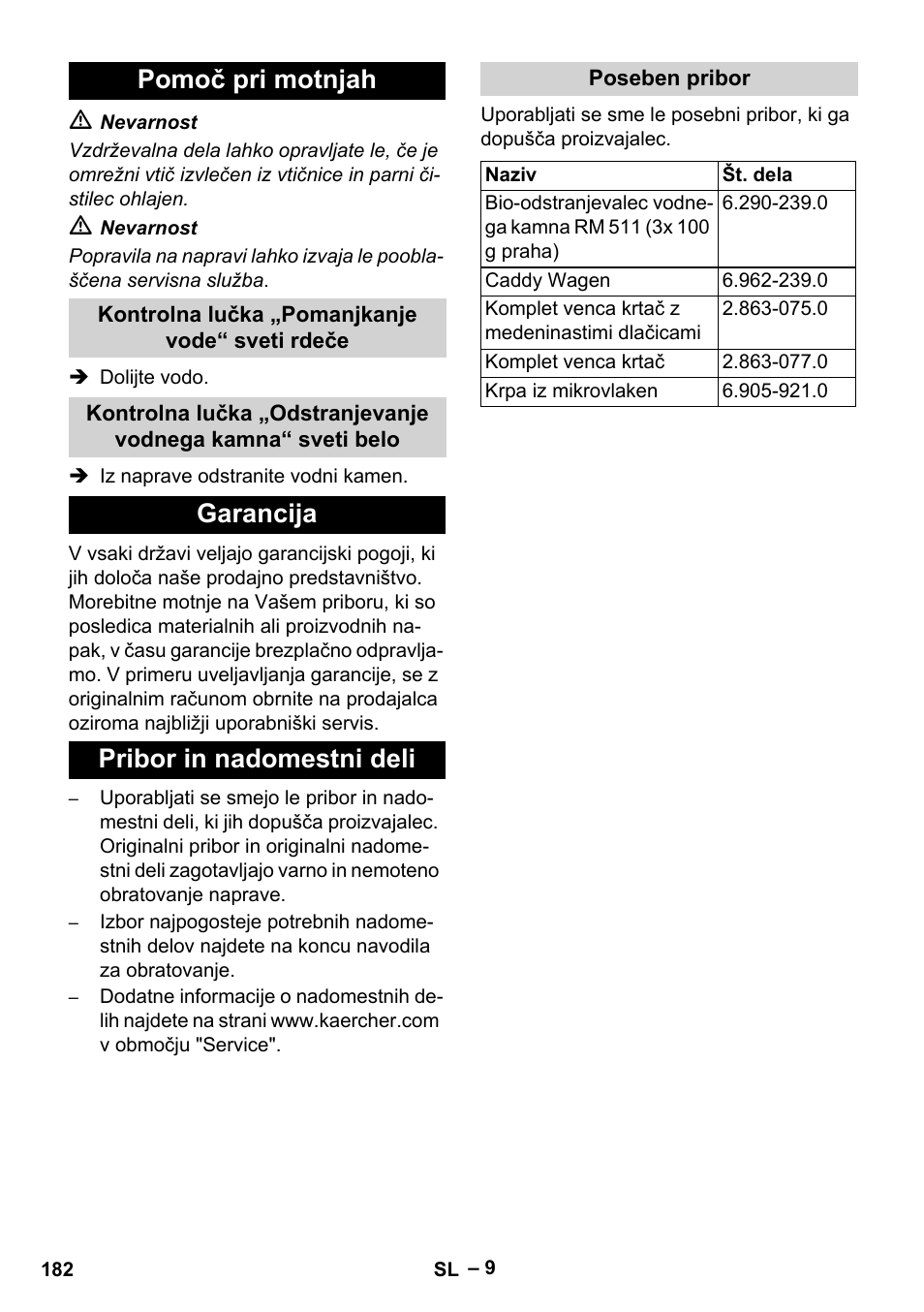 Pomoč pri motnjah, Garancija pribor in nadomestni deli | Karcher DE 4002 EU User Manual | Page 182 / 254