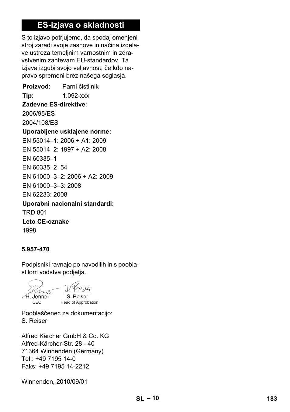 Es-izjava o skladnosti | Karcher DE 4002 EU User Manual | Page 183 / 254