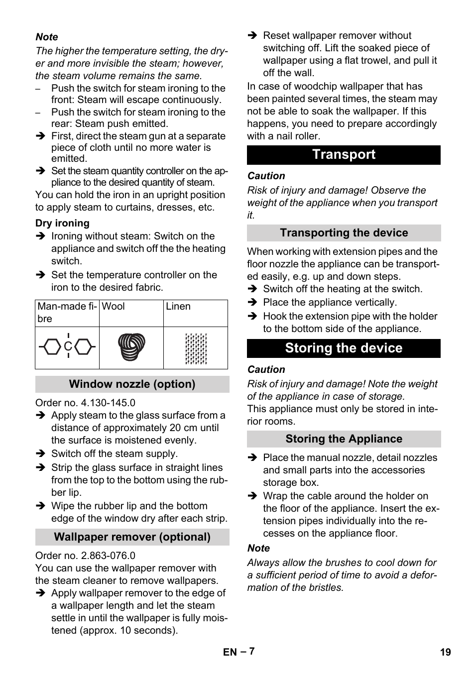 Transport, Storing the device | Karcher DE 4002 EU User Manual | Page 19 / 254