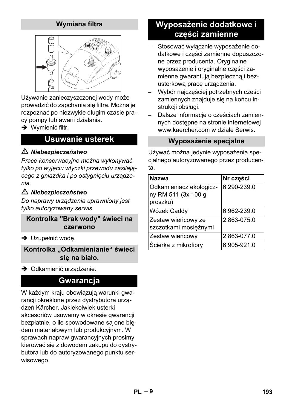 Usuwanie usterek, Gwarancja wyposażenie dodatkowe i części zamienne | Karcher DE 4002 EU User Manual | Page 193 / 254