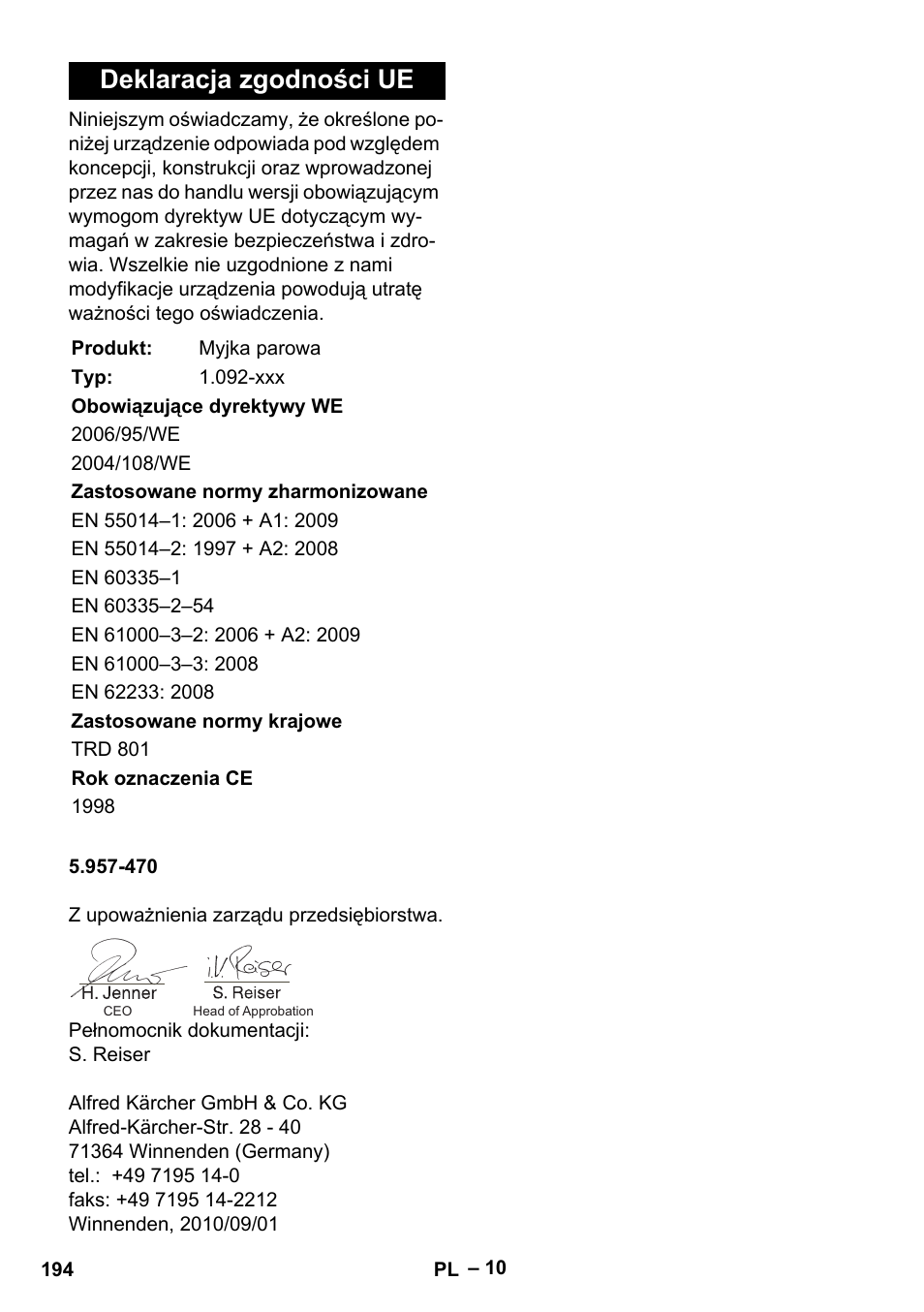 Deklaracja zgodności ue | Karcher DE 4002 EU User Manual | Page 194 / 254
