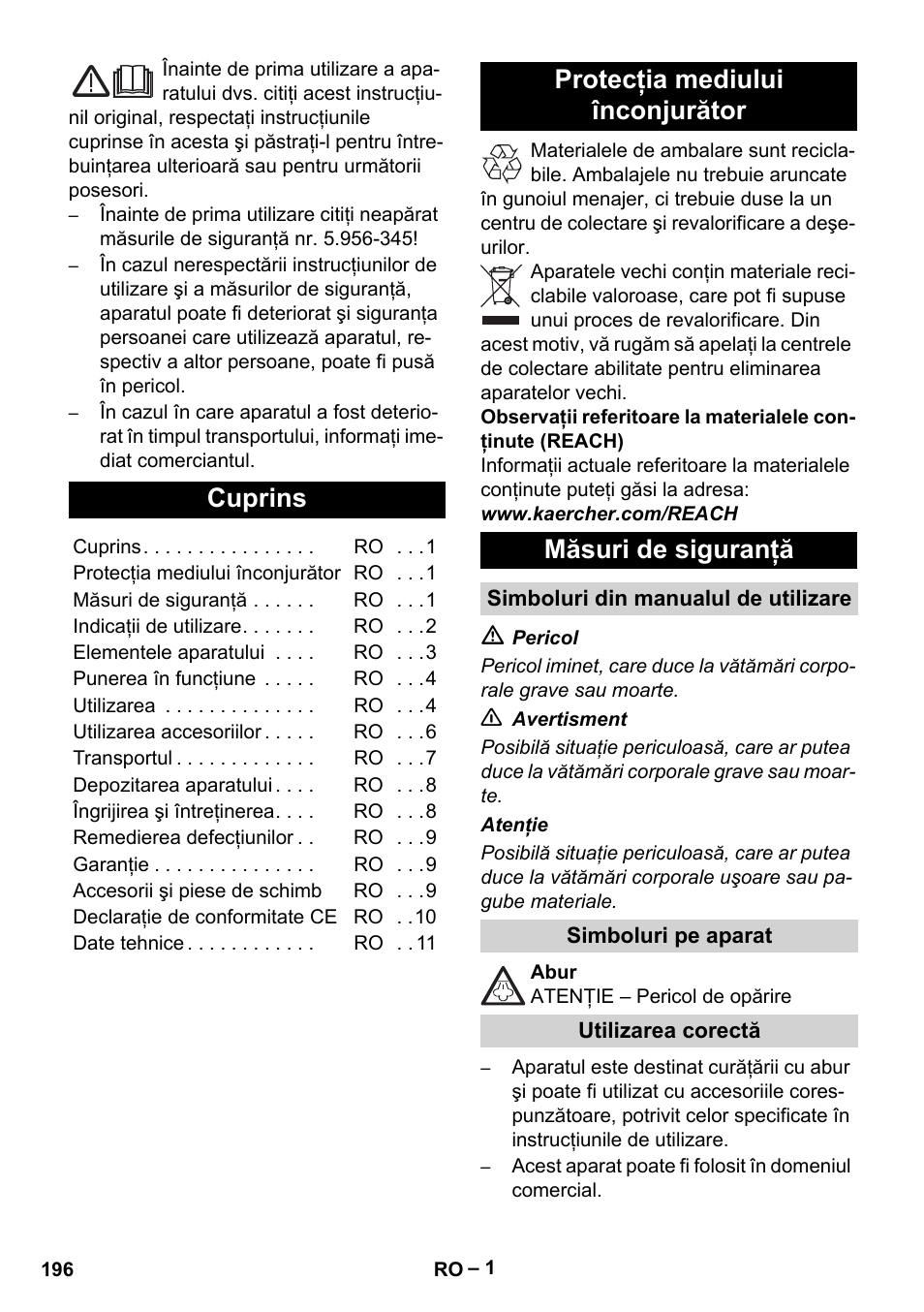 Româneşte, Cuprins | Karcher DE 4002 EU User Manual | Page 196 / 254