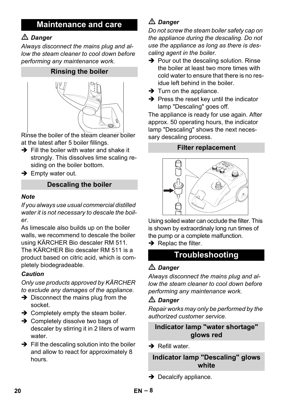 Maintenance and care, Troubleshooting | Karcher DE 4002 EU User Manual | Page 20 / 254