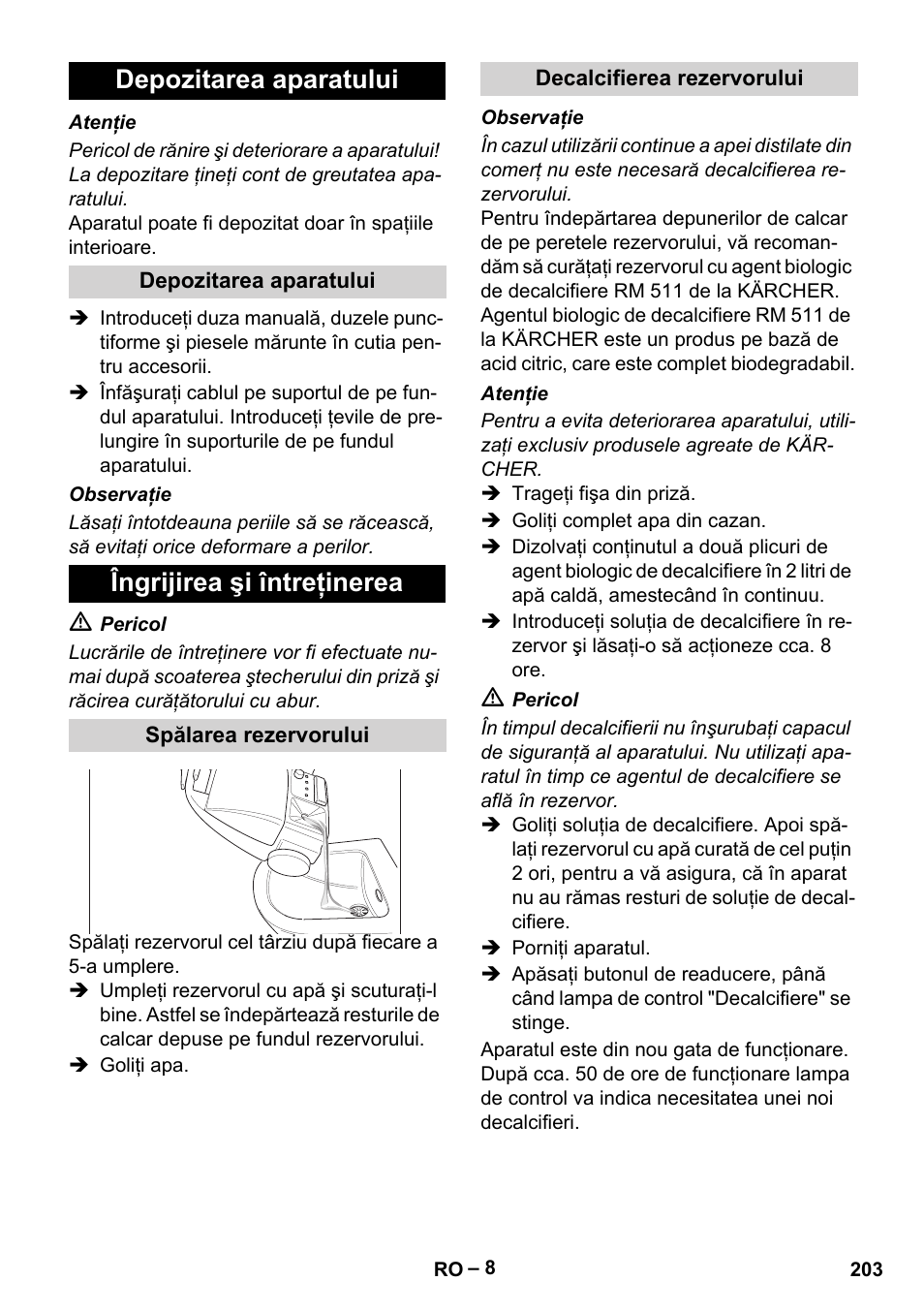 Depozitarea aparatului, Îngrijirea şi întreţinerea | Karcher DE 4002 EU User Manual | Page 203 / 254