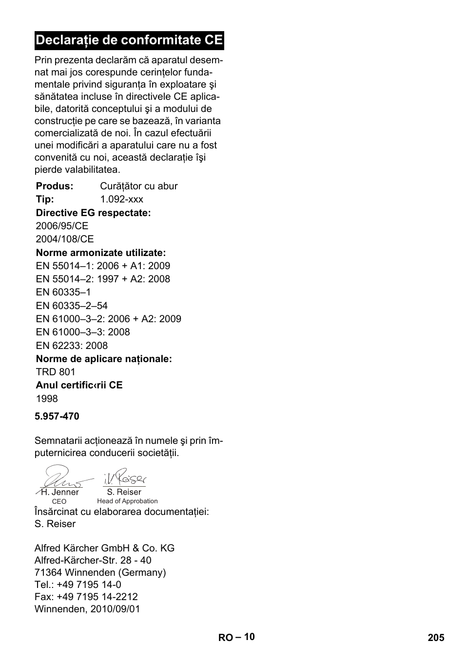 Declaraţie de conformitate ce | Karcher DE 4002 EU User Manual | Page 205 / 254