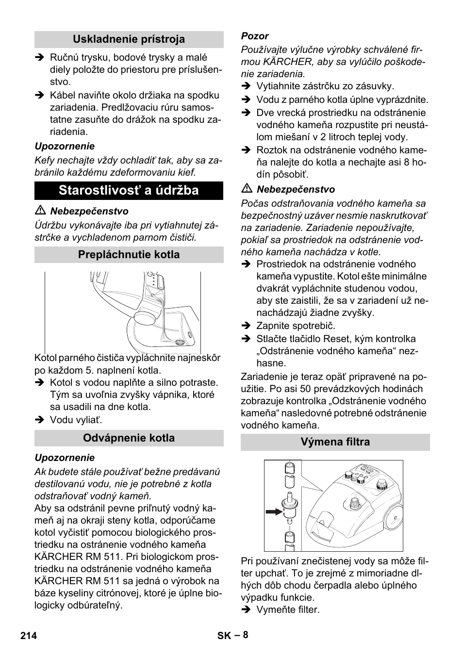 Starostlivosť a údržba | Karcher DE 4002 EU User Manual | Page 214 / 254