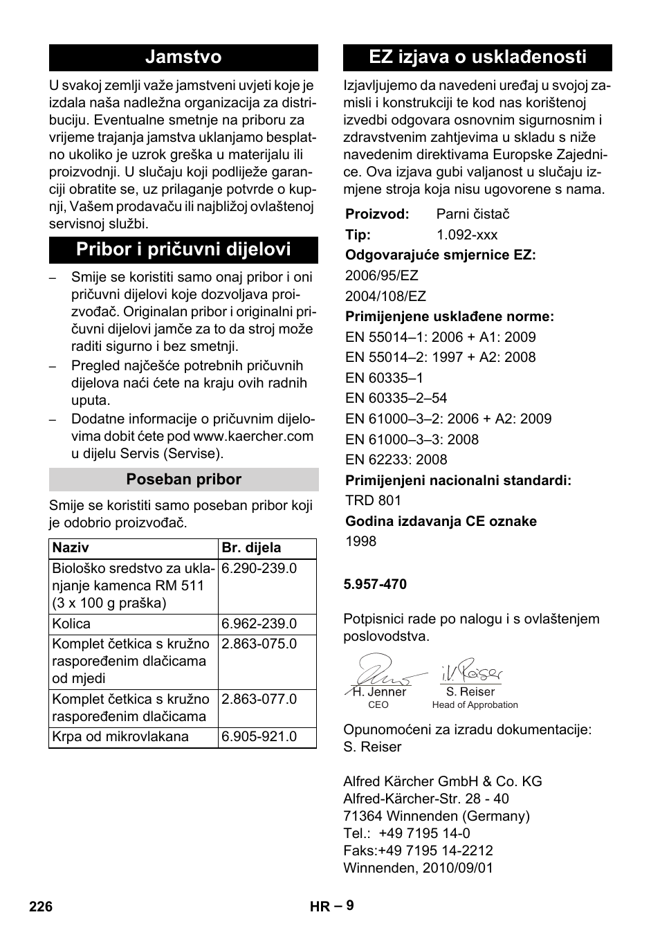 Jamstvo pribor i pričuvni dijelovi, Ez izjava o usklađenosti | Karcher DE 4002 EU User Manual | Page 226 / 254