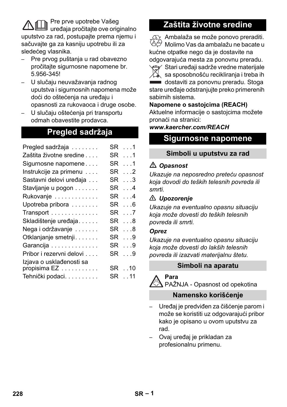 Srpski, Pregled sadržaja, Zaštita životne sredine sigurnosne napomene | Karcher DE 4002 EU User Manual | Page 228 / 254
