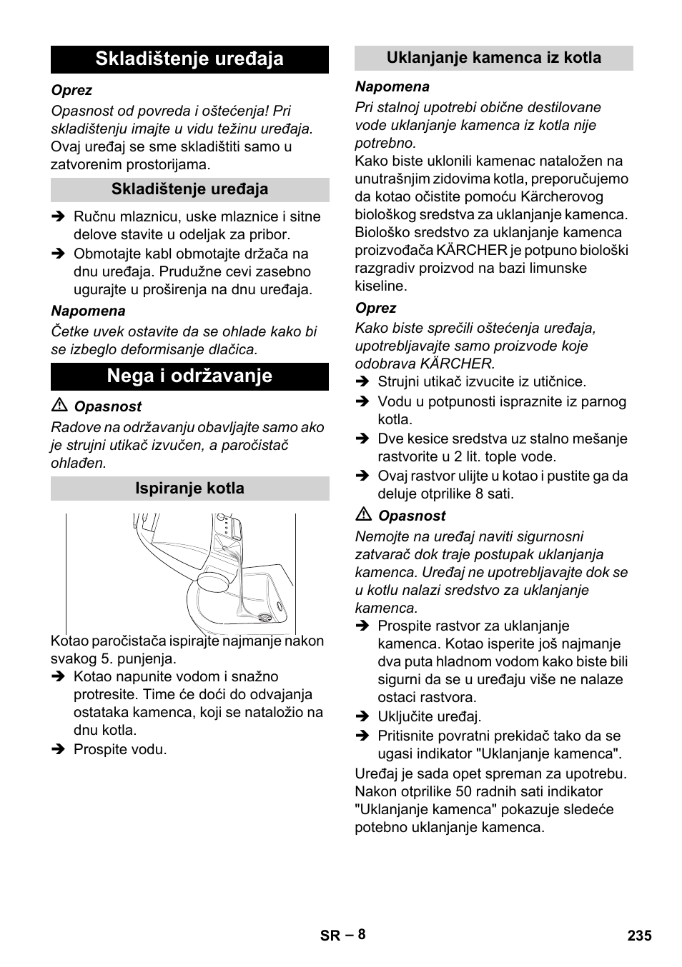 Skladištenje uređaja, Nega i održavanje | Karcher DE 4002 EU User Manual | Page 235 / 254