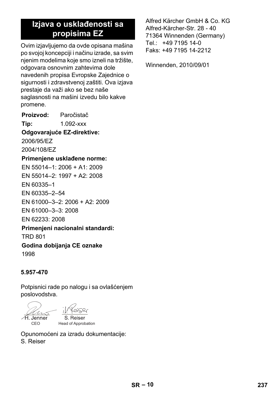 Izjava o usklađenosti sa propisima ez | Karcher DE 4002 EU User Manual | Page 237 / 254