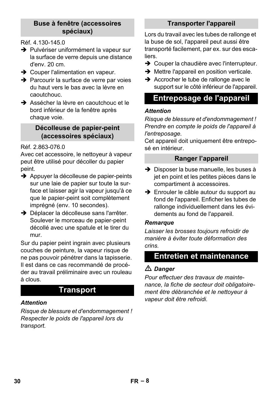 Transport, Entreposage de l'appareil, Entretien et maintenance | Karcher DE 4002 EU User Manual | Page 30 / 254