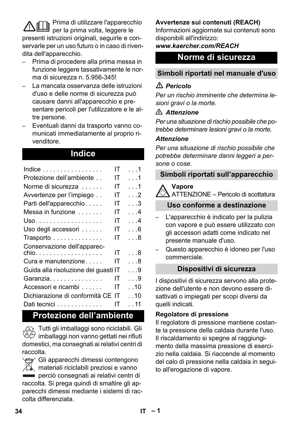 Italiano, Indice, Protezione dell’ambiente norme di sicurezza | Karcher DE 4002 EU User Manual | Page 34 / 254