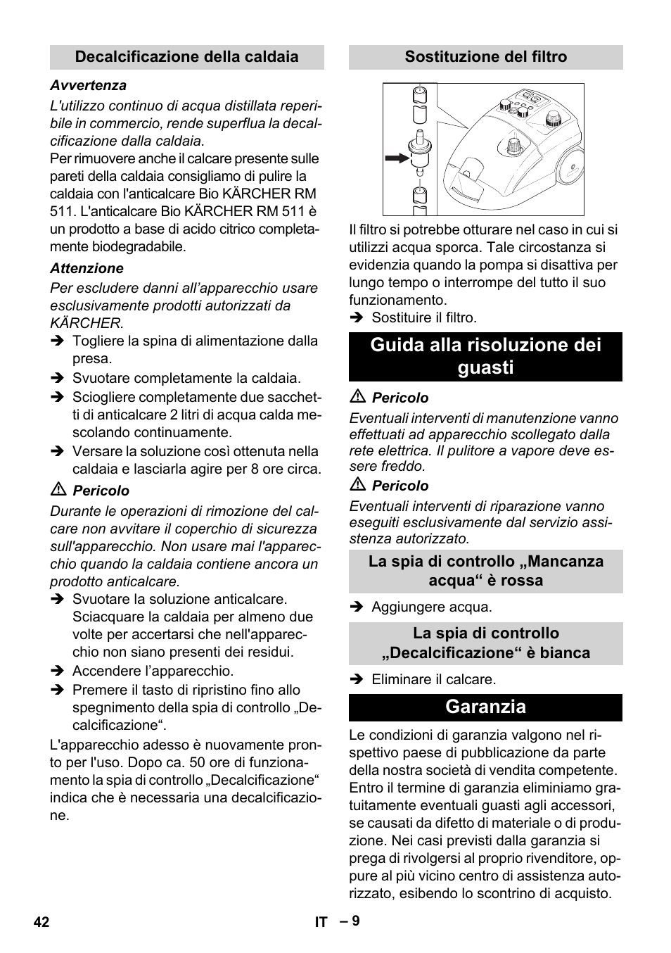 Guida alla risoluzione dei guasti, Garanzia | Karcher DE 4002 EU User Manual | Page 42 / 254