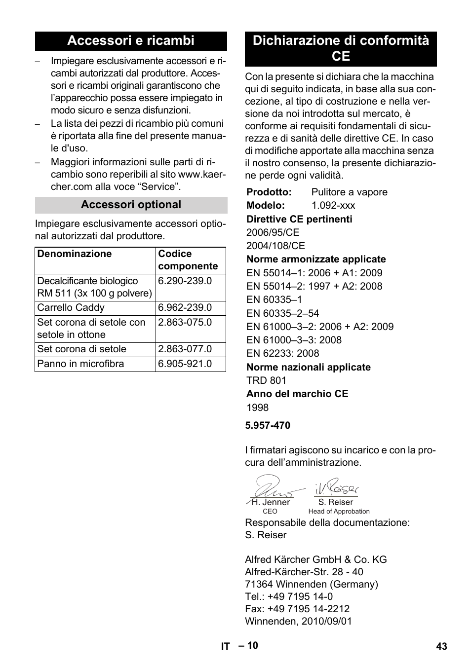 Accessori e ricambi, Dichiarazione di conformità ce | Karcher DE 4002 EU User Manual | Page 43 / 254