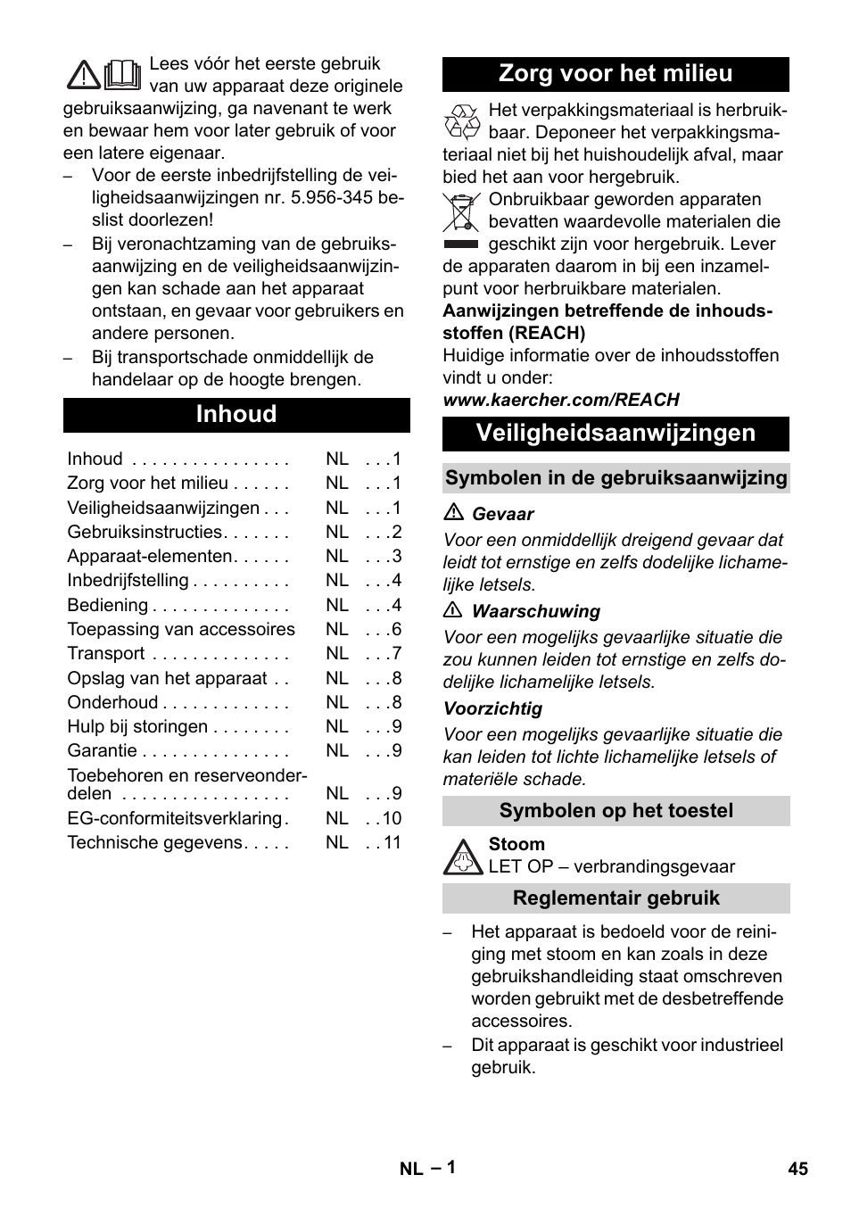 Nederlands, Inhoud, Zorg voor het milieu veiligheidsaanwijzingen | Karcher DE 4002 EU User Manual | Page 45 / 254