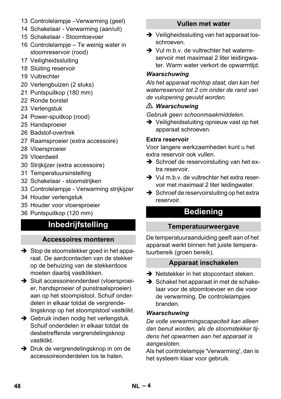 Inbedrijfstelling, Bediening | Karcher DE 4002 EU User Manual | Page 48 / 254