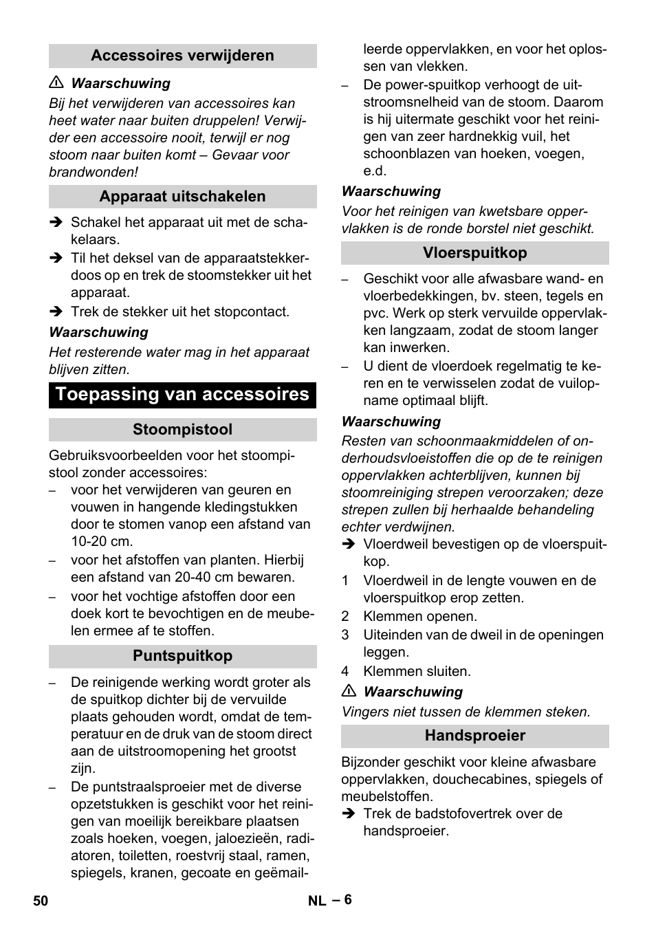 Toepassing van accessoires | Karcher DE 4002 EU User Manual | Page 50 / 254