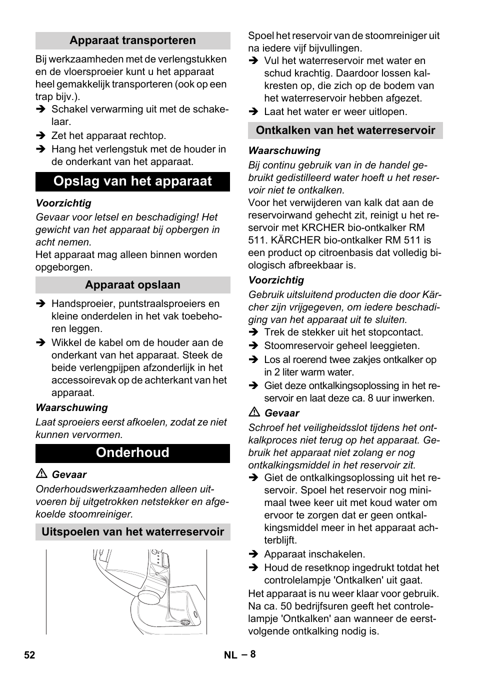 Opslag van het apparaat, Onderhoud | Karcher DE 4002 EU User Manual | Page 52 / 254