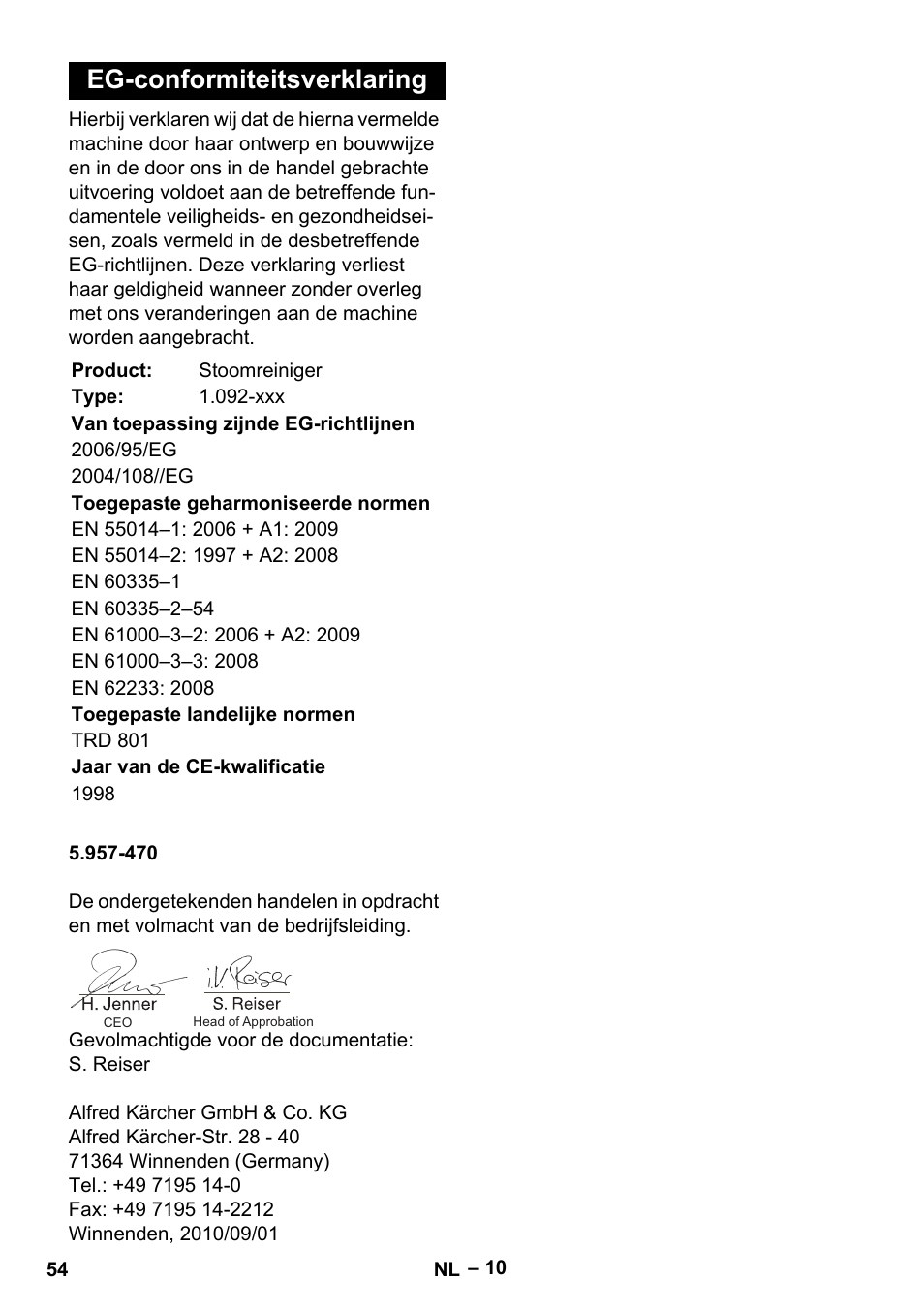 Eg-conformiteitsverklaring | Karcher DE 4002 EU User Manual | Page 54 / 254