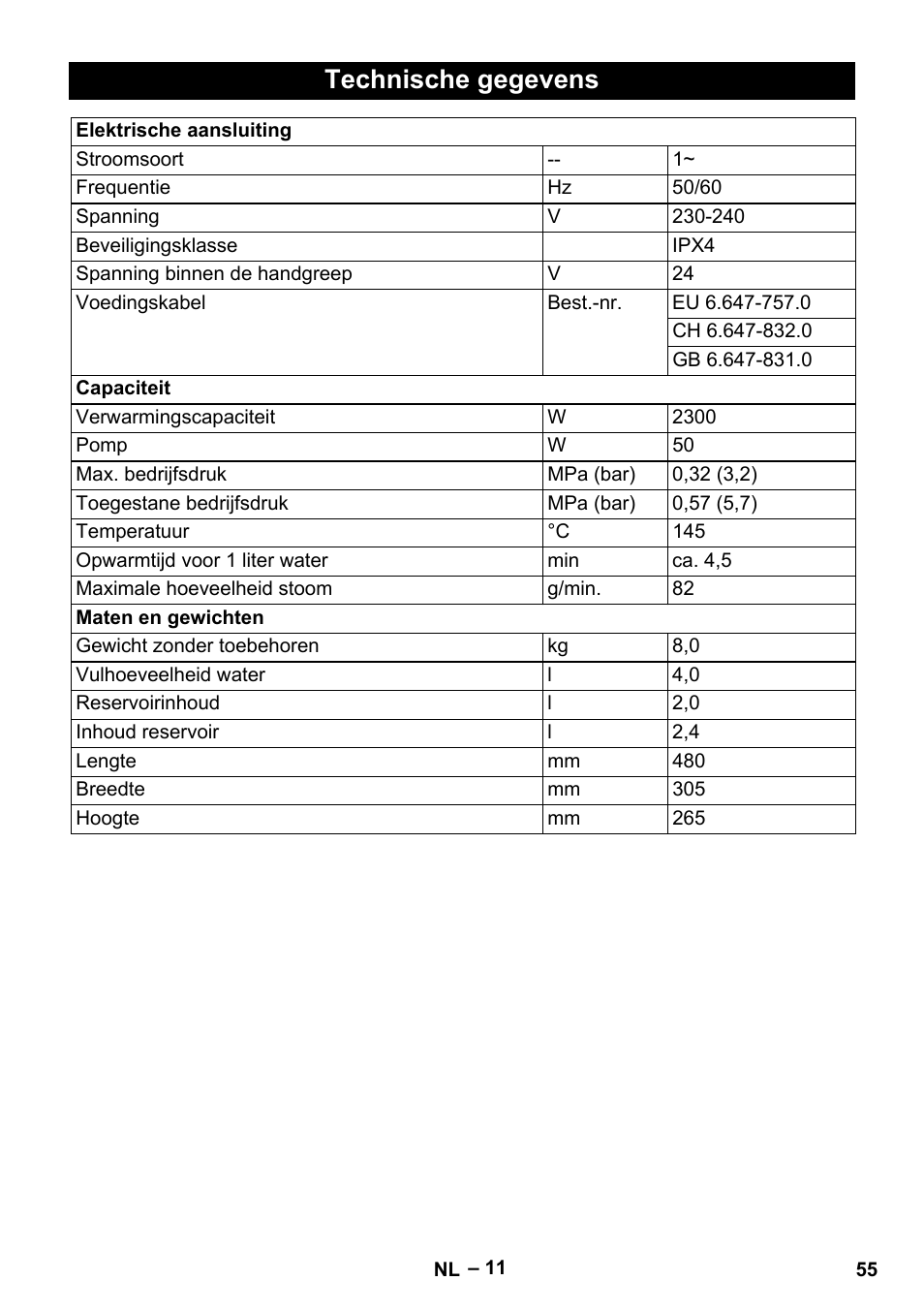 Technische gegevens | Karcher DE 4002 EU User Manual | Page 55 / 254