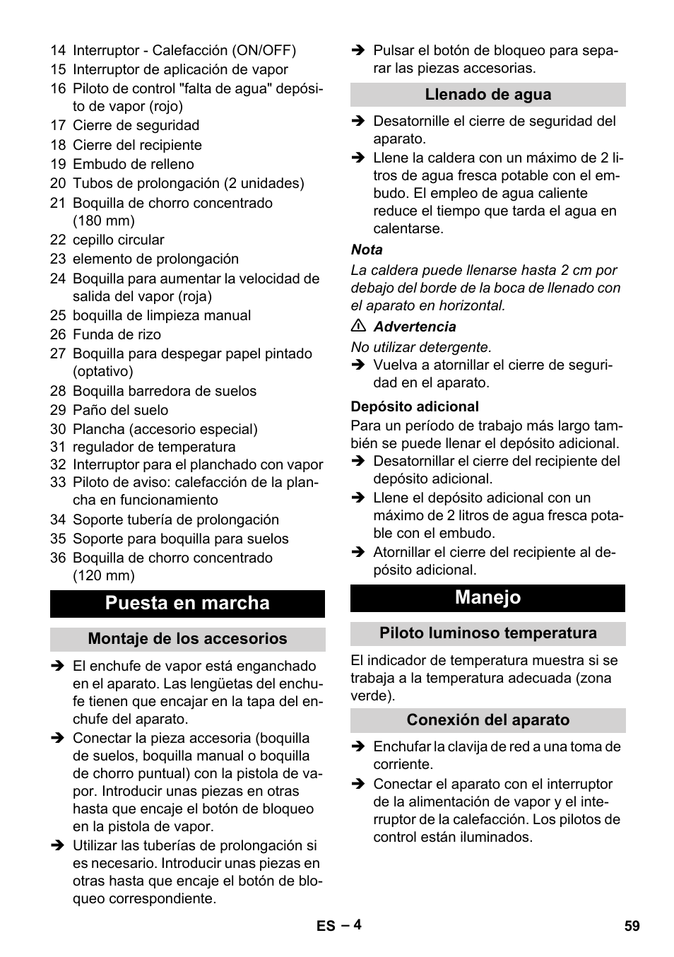 Puesta en marcha, Manejo | Karcher DE 4002 EU User Manual | Page 59 / 254