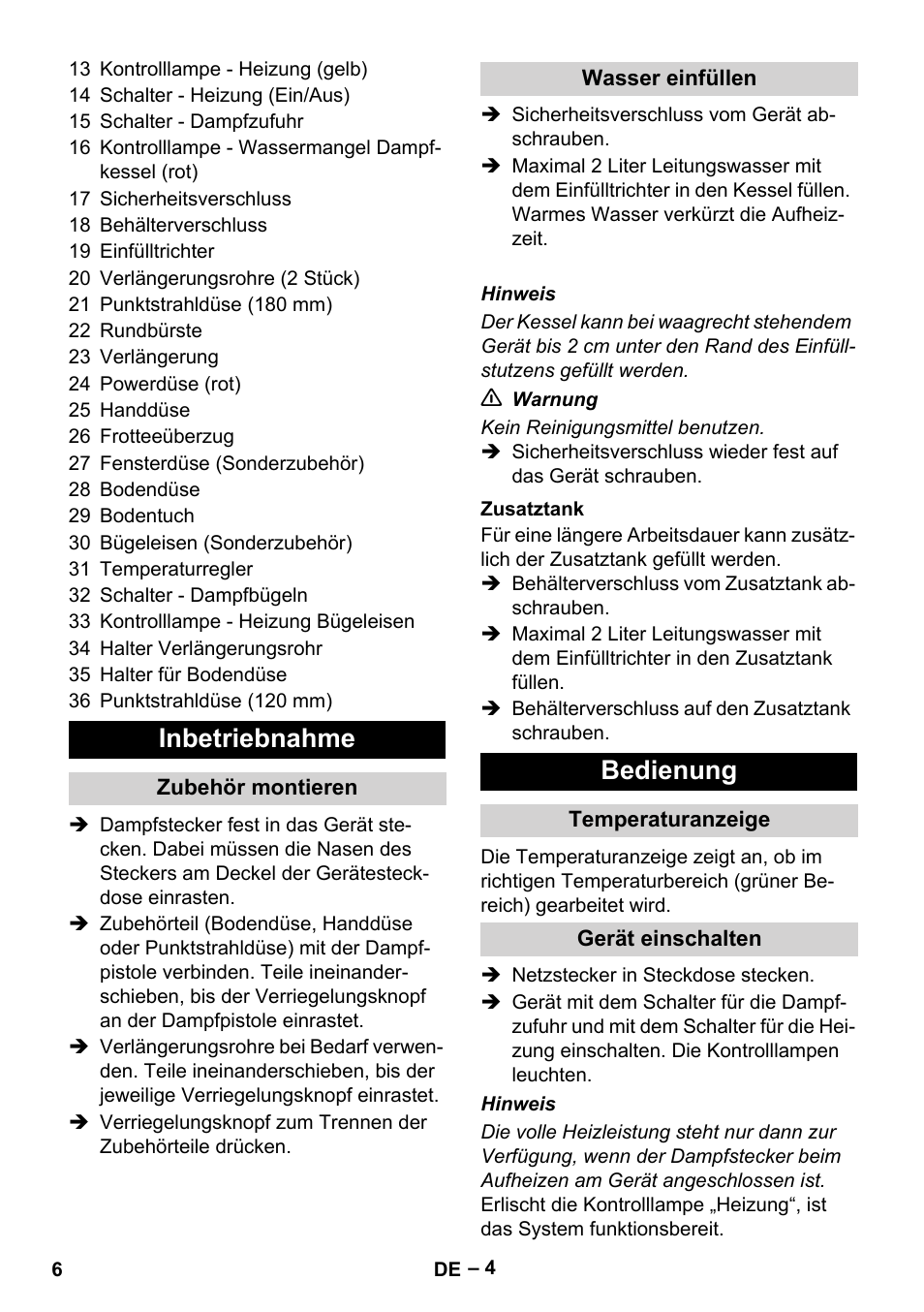 Inbetriebnahme, Bedienung | Karcher DE 4002 EU User Manual | Page 6 / 254