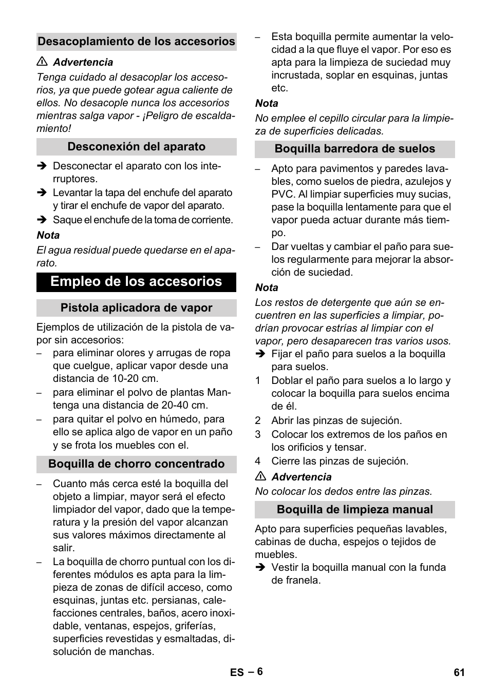 Empleo de los accesorios | Karcher DE 4002 EU User Manual | Page 61 / 254