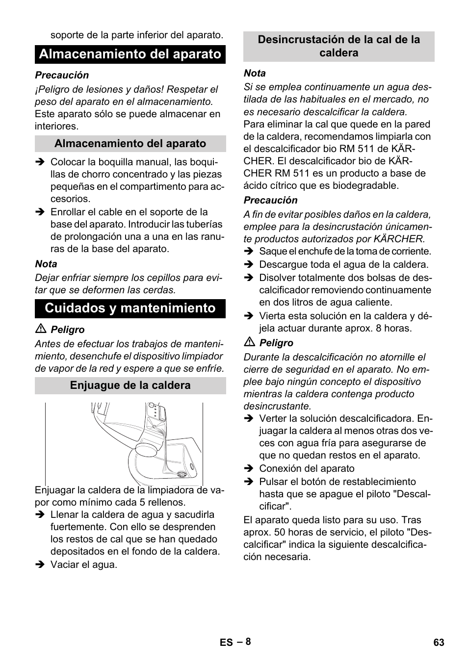 Almacenamiento del aparato, Cuidados y mantenimiento | Karcher DE 4002 EU User Manual | Page 63 / 254