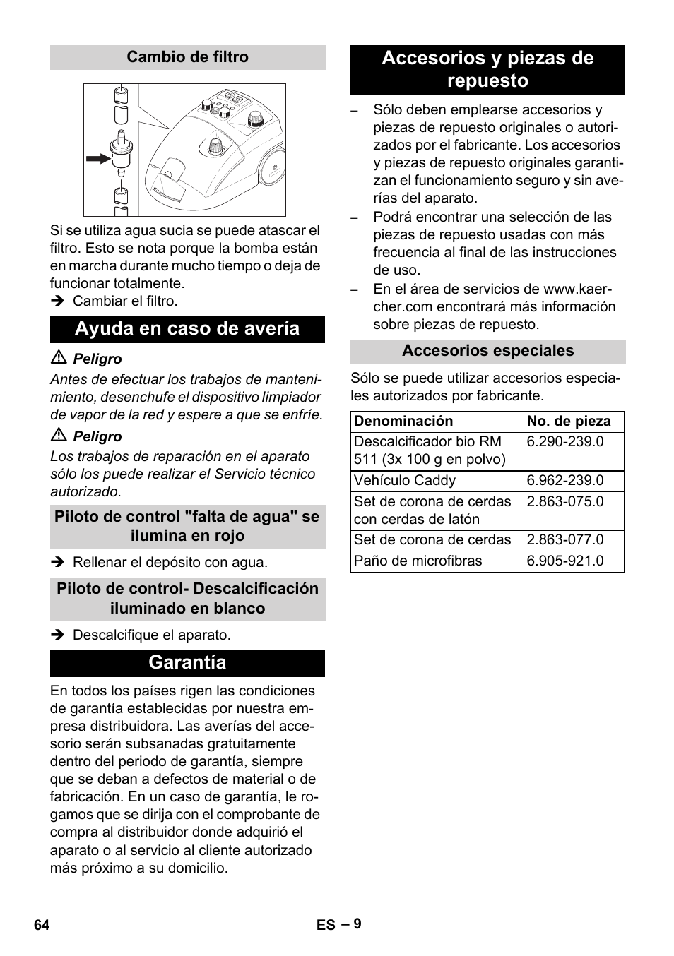 Ayuda en caso de avería, Garantía accesorios y piezas de repuesto | Karcher DE 4002 EU User Manual | Page 64 / 254