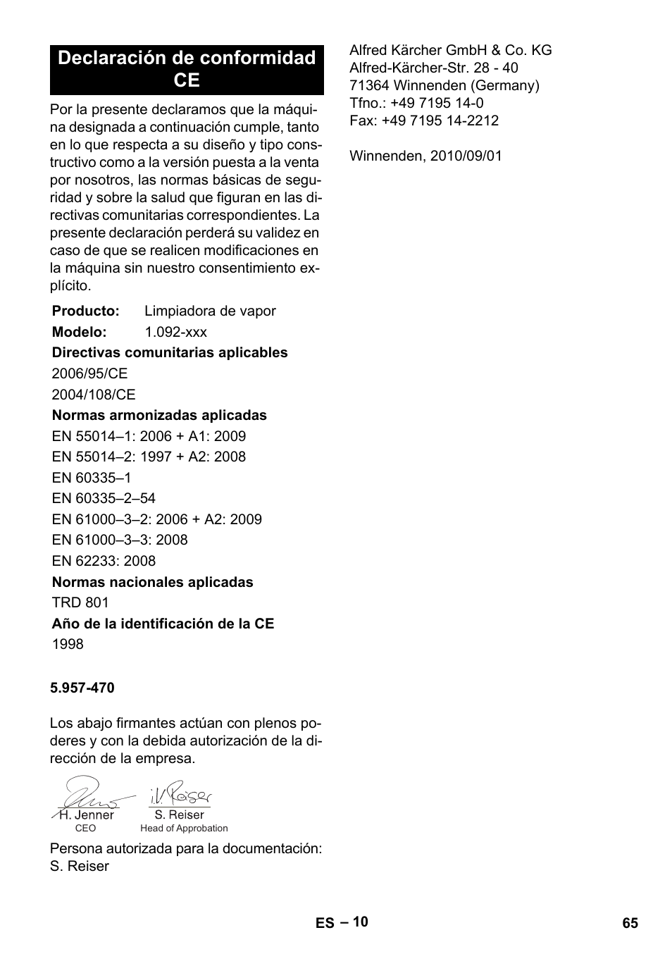 Declaración de conformidad ce | Karcher DE 4002 EU User Manual | Page 65 / 254