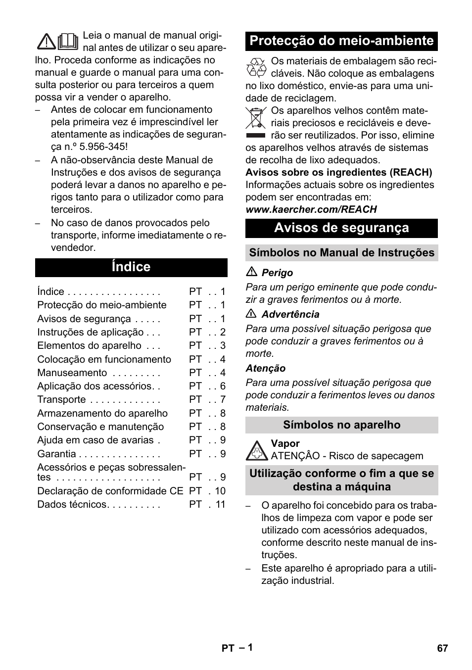 Português, Índice, Protecção do meio-ambiente avisos de segurança | Karcher DE 4002 EU User Manual | Page 67 / 254