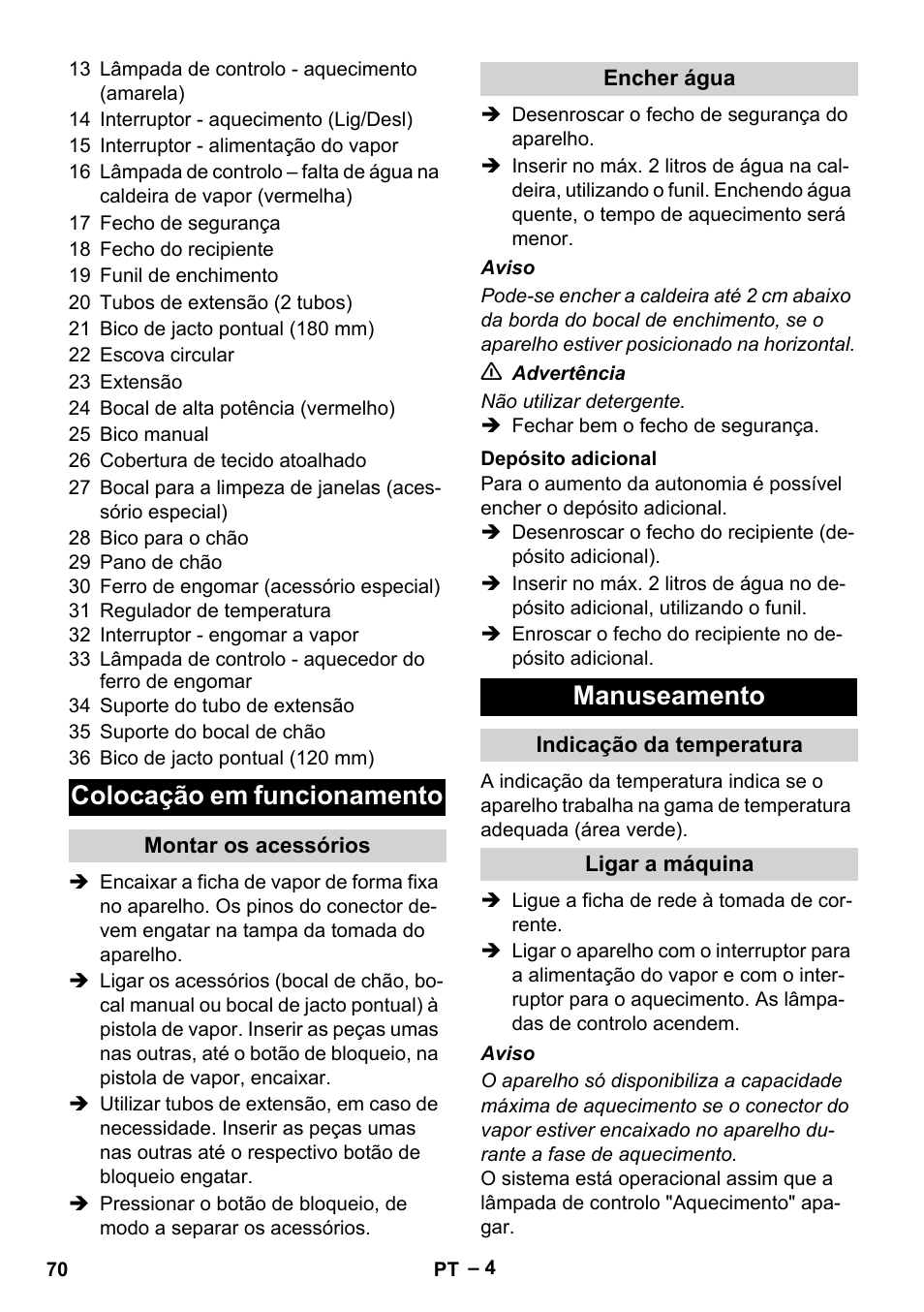 Colocação em funcionamento, Manuseamento | Karcher DE 4002 EU User Manual | Page 70 / 254