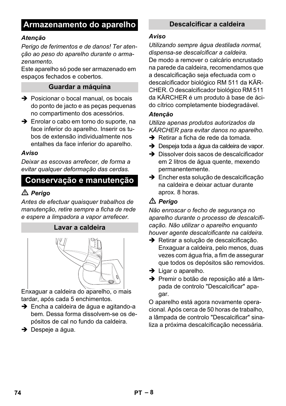 Armazenamento do aparelho, Conservação e manutenção | Karcher DE 4002 EU User Manual | Page 74 / 254