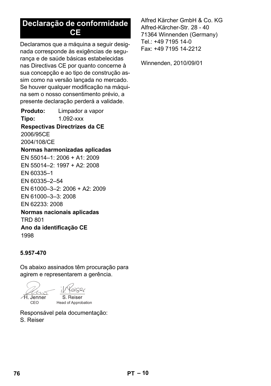 Declaração de conformidade ce | Karcher DE 4002 EU User Manual | Page 76 / 254